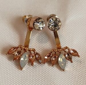 Gold Tone Pink Opal Crystal Ear Jacket Earrings Front Back Rhinestone Sunburst